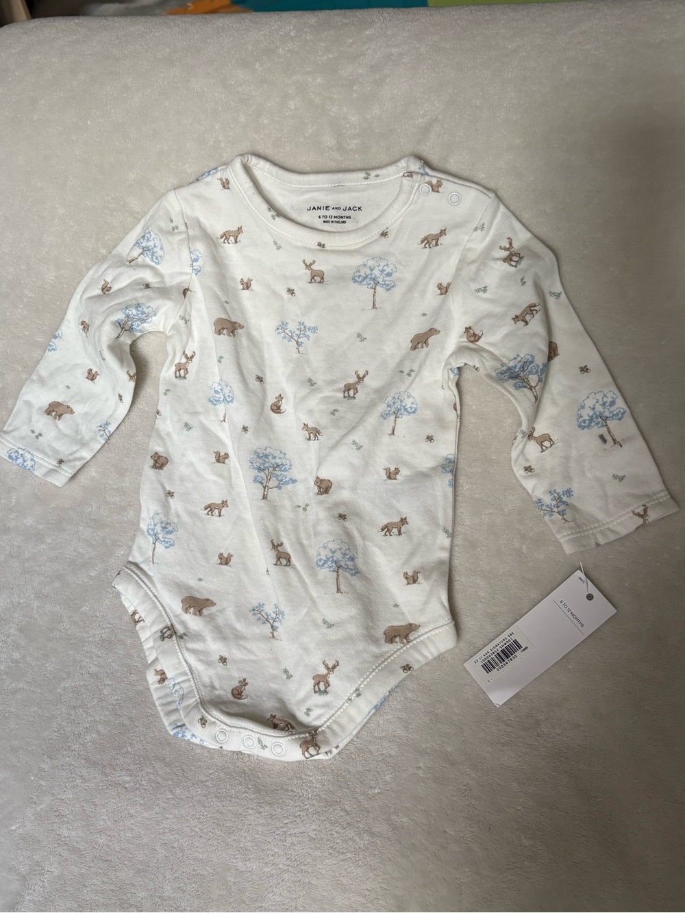 Janie and Jack Cream Woodland Print Long-Sleeve Baby One-Piece